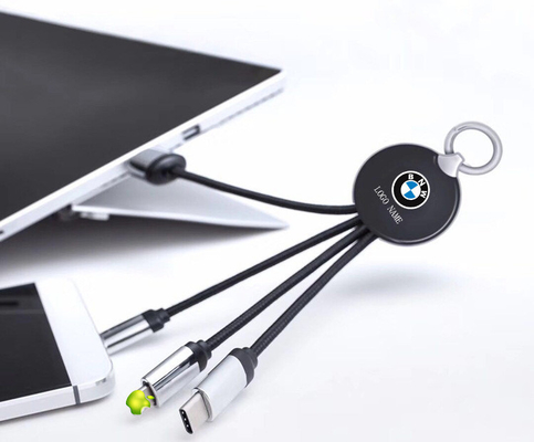 3 in 1 Light Up Logo USB Cable with Keyring and iPhone,Micro,Type-C Connector