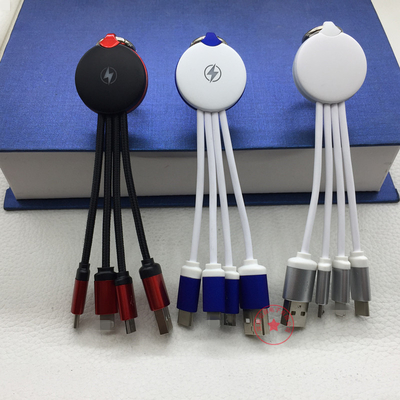3 in 1 Light Up Logo USB Cable with Keyring and iPhone,Micro,Type-C Connector