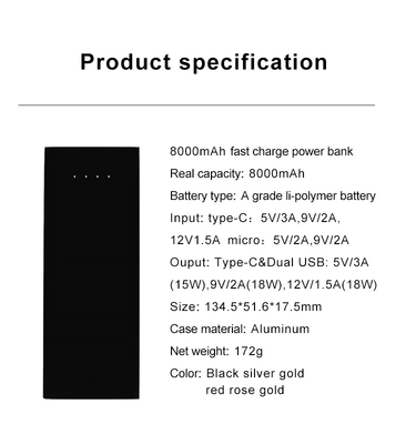 8000mAH New Design Fast Charge Power Bank with Dual USB Port and Type-C Output