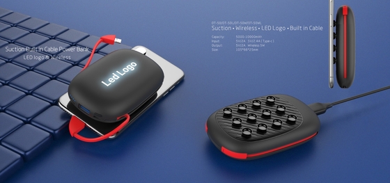 2019 New Portable Built-in Cable Power Bank 10000mAH With Suction Cup、LED Light-Up Logo and Wireless Charging Function