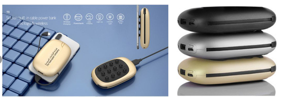 2019 New Portable Built-in Cable Power Bank 10000mAH With Suction Cup、LED Light-Up Logo and Wireless Charging Function