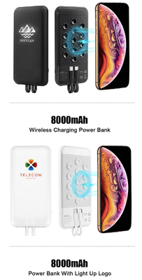 Best selling Wireless Charger Power bank 8000mAh Built-in Cable with LED Light-up logo and Suction cup