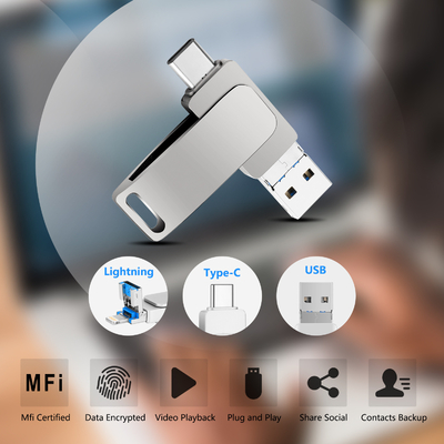 High Quality 3 in 1 Fast Transfer USB Flash Drive with USB 3.0, Type-C and Lightning Connector