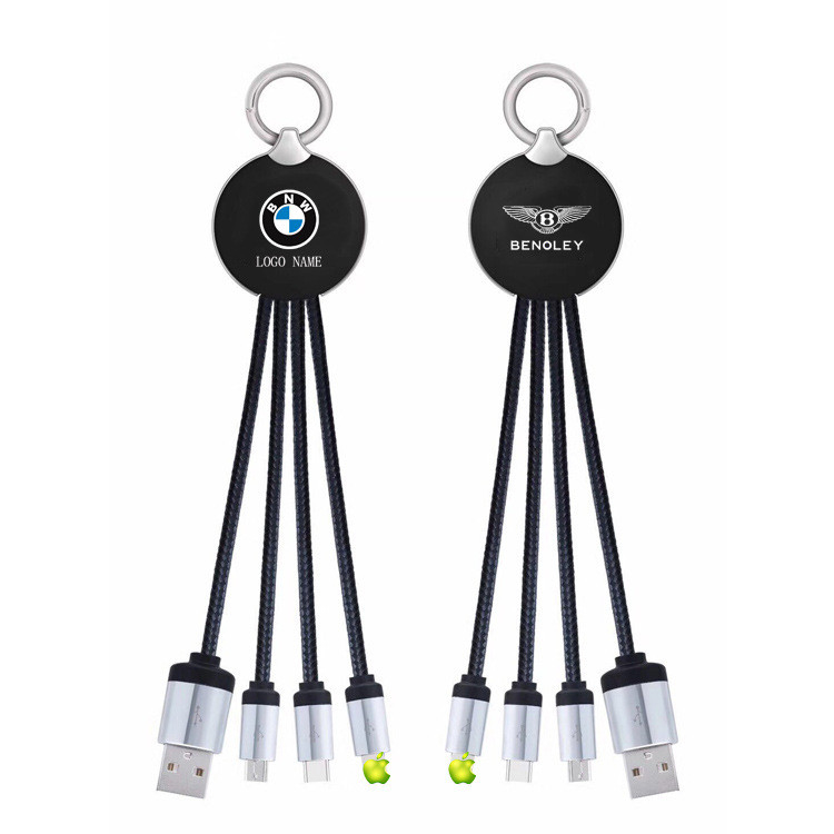 3 in 1 Light Up Logo USB Cable with Keyring and iPhone,Micro,Type-C Connector